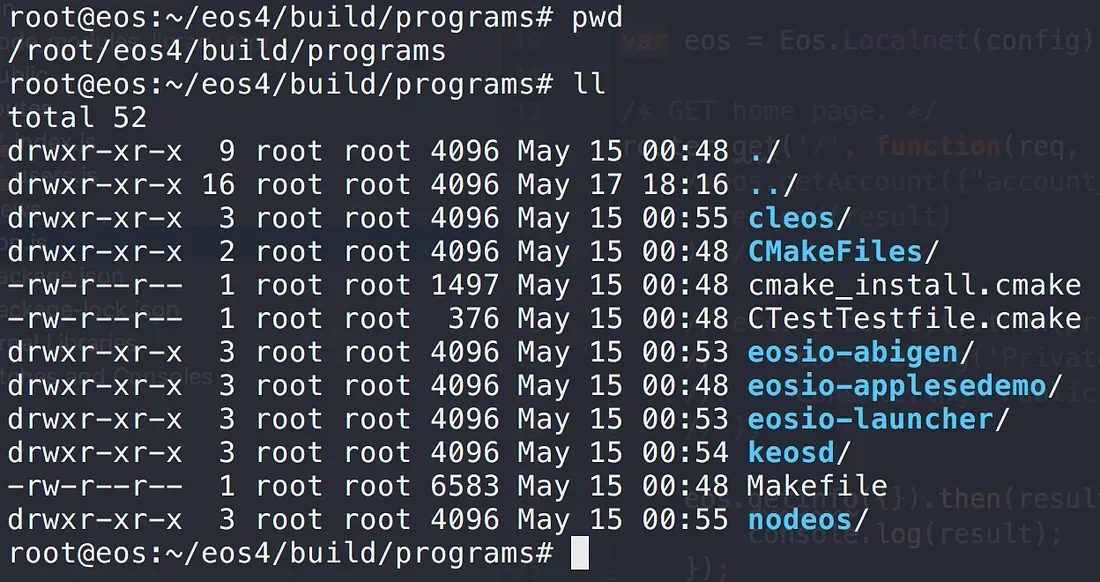 주요 실행파일인 nodeos, cleos, keosd가 같은 이름의 폴더 내에 생성됨